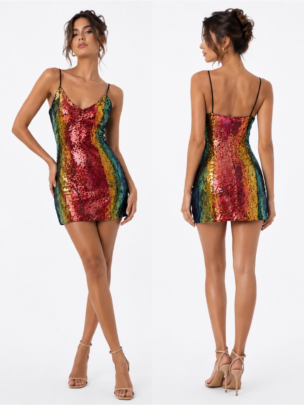 Multicolor Rainbow Sequin V-nevk Mini Dress Spaghetti Straps size S Forever 21